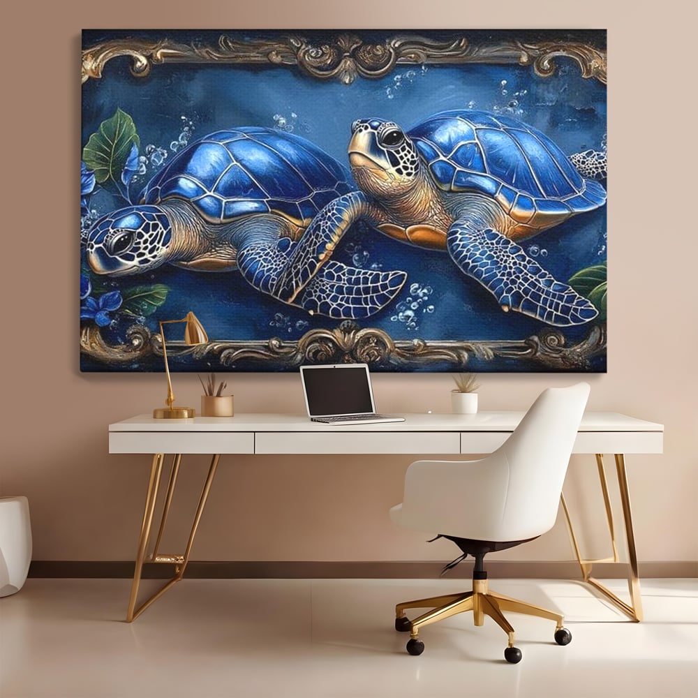 Tablou canvas cu tablou canvas cu doua testoase marine, fara rama, pe sasiu de lemn, pe perete intr-un birou